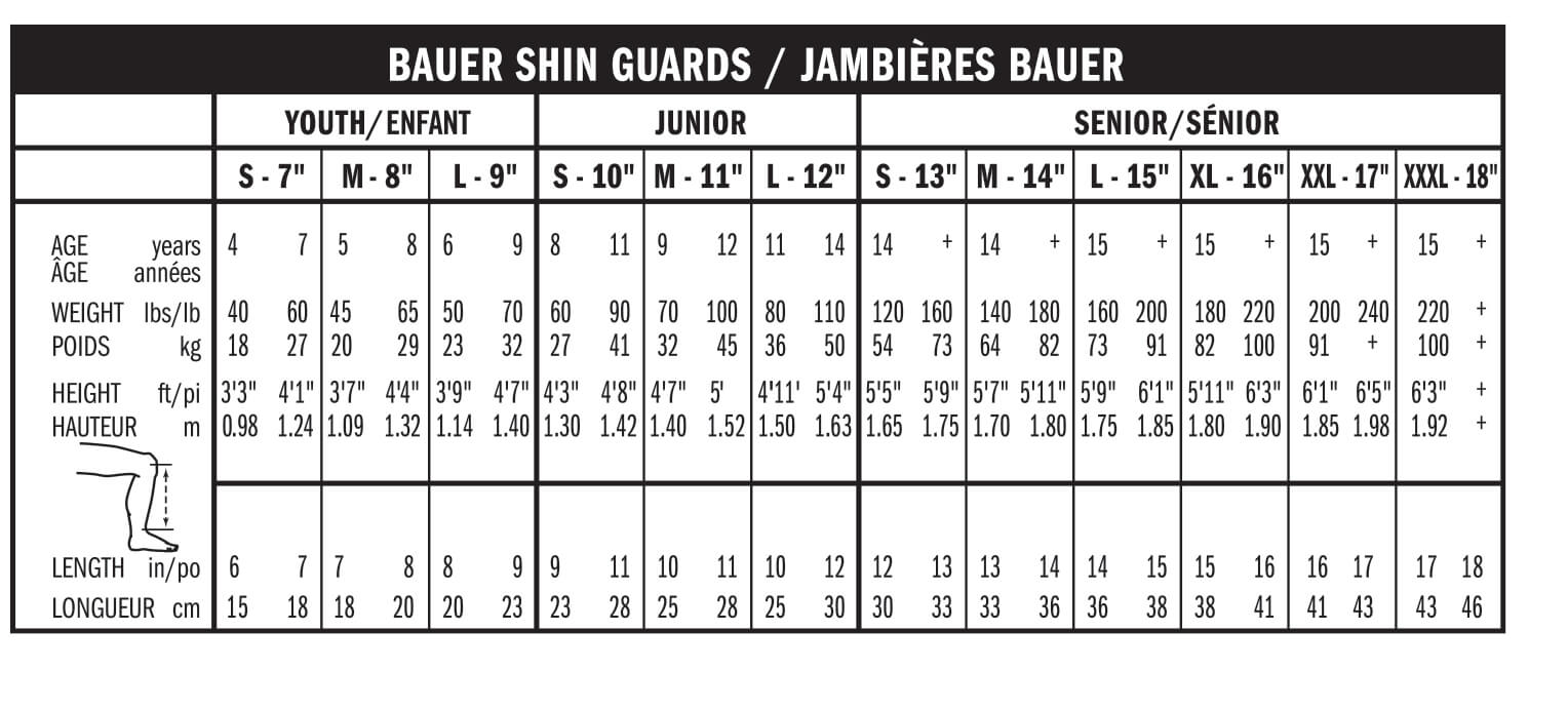 Bauer sizechart Shinguard