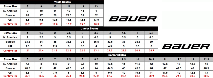 bauer sizechart skates